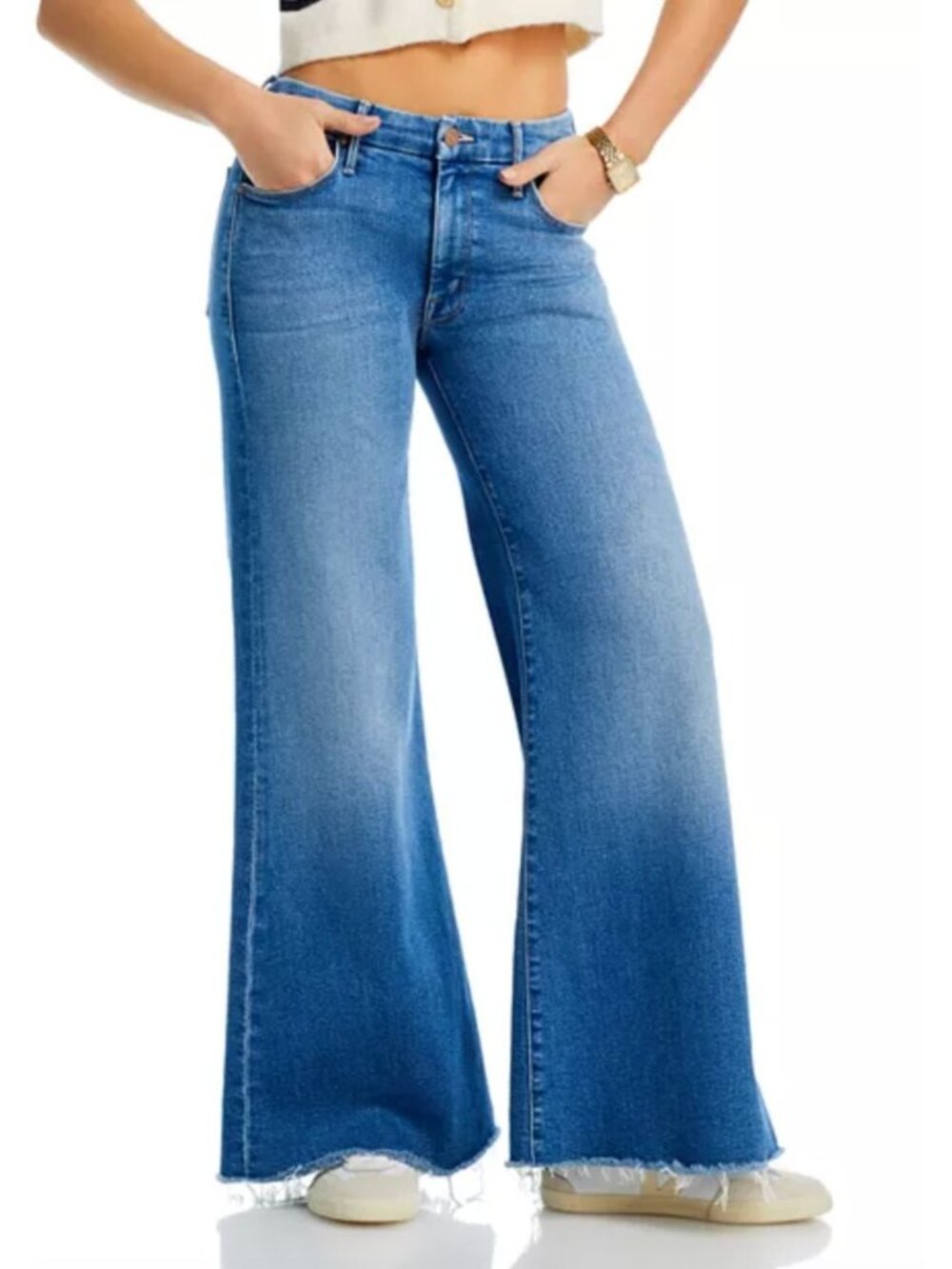 Mother The Roller Fray Wide Leg Raw Hem Jeans size 28 in Work Hard Pay Hard Blue